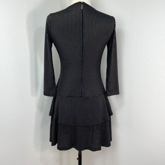Michael Michael Kors Black Gold Studded Dress XS Drop Waist Flounces 3/4 Sleeves - Picture 8 of 13